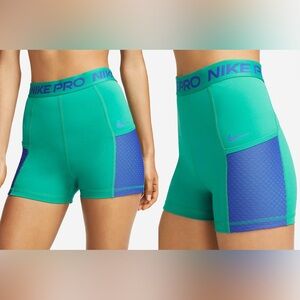 Nike Pro Women's High-Waisted 3" Shorts Pockets Neptune Green Lapis Blue XS